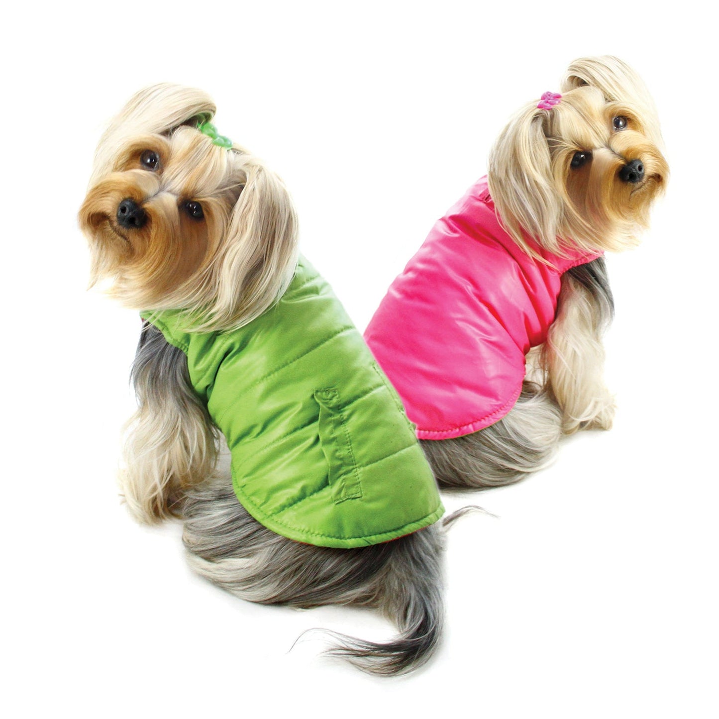 Reversible Parka Vest with Ruffle Trims - Lime/Pink